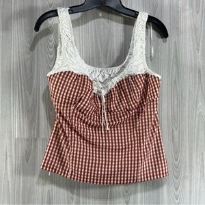 ZARA Gingham Corset Milk Maid Tank Top Rust‎ White Ruched Tie Women’s Size XL